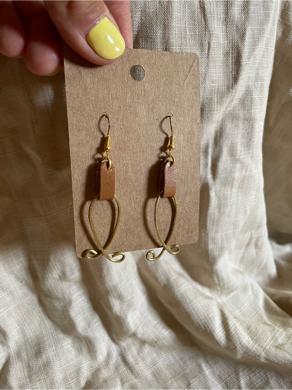 One Of a Kind Handcrafted Brown Leather & Gold Loop Drop Earrings